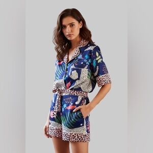 Blue Leopard Trim Two Piece Pajama Set